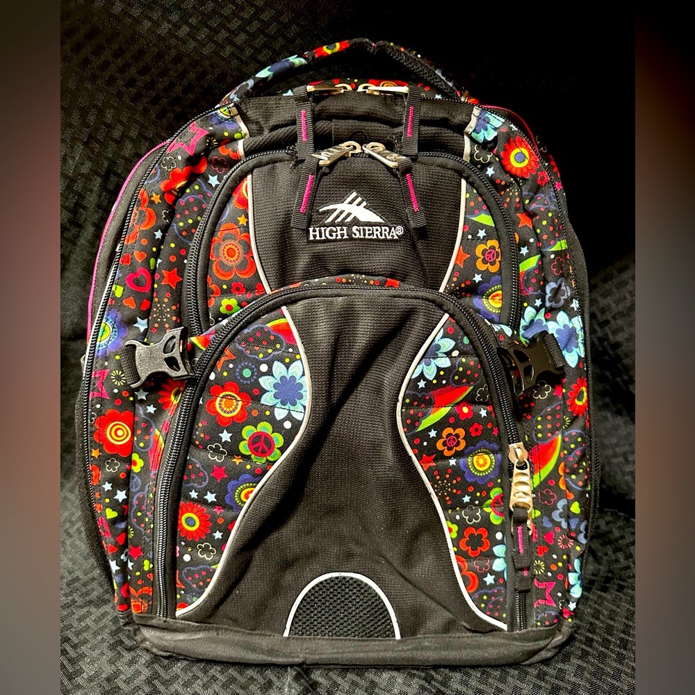 High Sierra Suspension Strap System Backpack Black Floral Peace Signs Neon